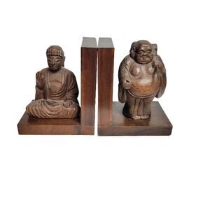 Buddha Wood Carved Bookends MCM Style Collectible READ